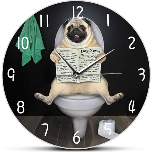 Newspaper on Toilet in Bathroom Pug Dog Read Puppy Dog Wall Clock Funny Animals Wall Art Hanging Wall Watch Dog Lover Home Decor