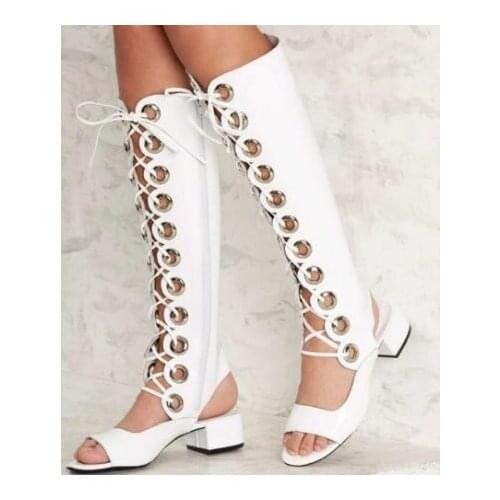Top New Ladies White Grommet Cross-tied Sandals Boots Med Chunky Heel Rome Long Tube Knee High Boots Summer Sexy Women Botas
