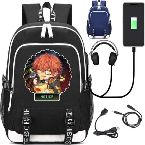 New Mystic Messenger School Backpack USB Charge Interface Laptop Travel Shoulder Bag Black Unisex Anime Cosplay Bags Gift