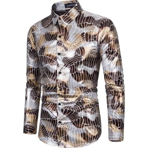 New casual mens long-sleeved shirt digital bronzing printing stretch shirt