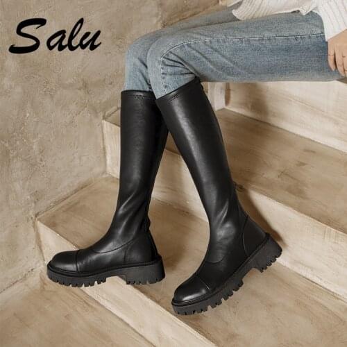 Salu Slip-on Winter Boots Women Knee High Long Boots Genuine Leather Thick Heels Womens Boots Working Shoes Woman Heels