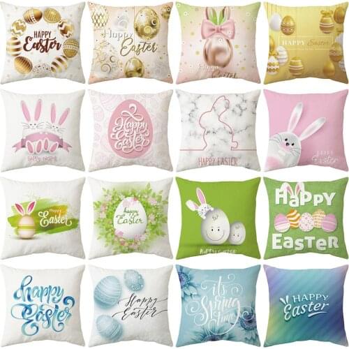 Happy 2021 Easter Rabbit Colored Eggs Painted Eggshell Printied Peach Skin Throw Square Accent Pillow Cushion Case Cover