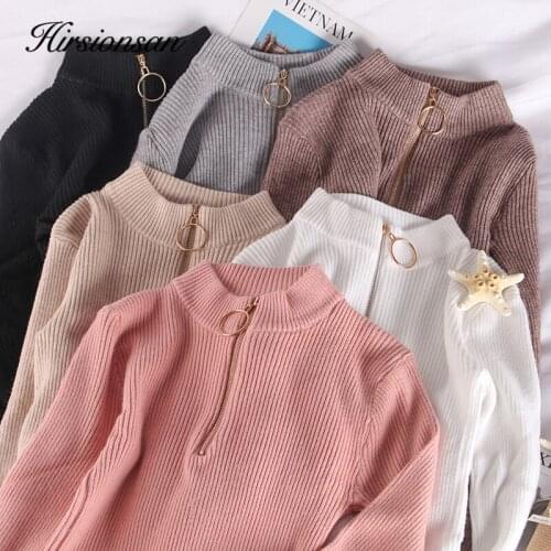 Hirsionsan Sweater Women Winter Slim Knitted Jumper Sexy Tops Zipper Harajuku Stripe Bottoming Pullover Soft Wild Female Clothes