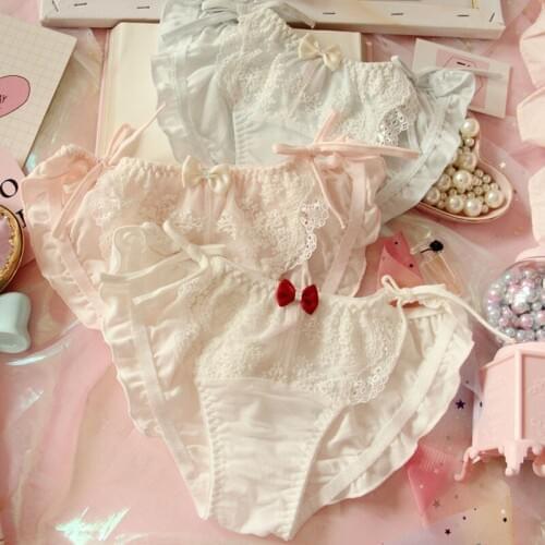 Pure Cotton Cute Womens Lolita Panties Girls Fairy Kei Bows Briefs Womens Underwear Daily Color White & Pink & Sky Blue