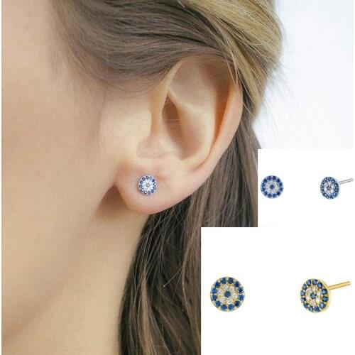 Turkish Blue Evil Eye Stud Earrings for Women Dainty Round Micro-inlaid Cubic Zirconia Pushback Earring Christmas Gift