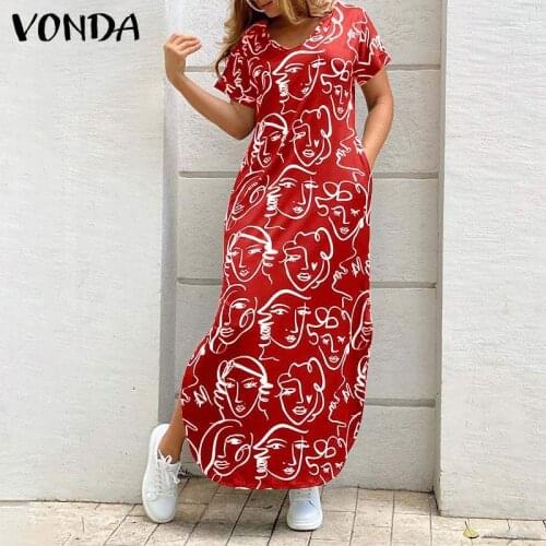 VONDA 2021 Women Casual Short Sleeve Dress Vintage Printed Long Dresses Bohemian Vestidos Loose Beach Sundress Oversized Robe