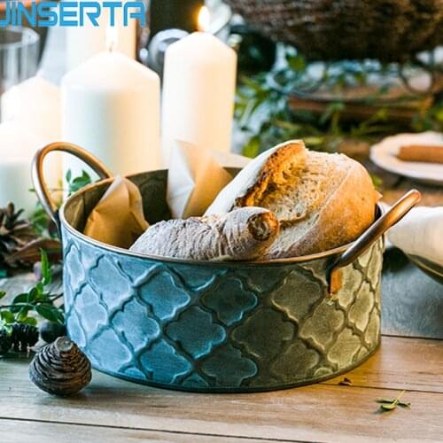 JINSERTA Iron Bread Basket Retro Antique Metal Storage Basket Fruit Container Fried Vintage Tray With Handle Decoration