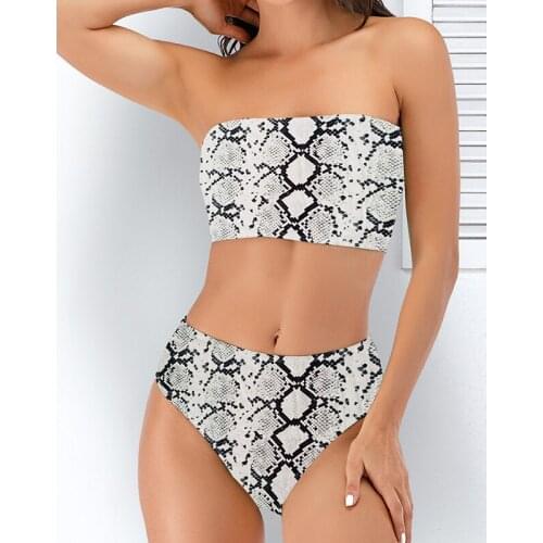 Women Beachwear High Cut Bandeau Tropical Leaf Printed Strapless Bikini Set High Waist Swimdress 2 Piece Swimsuits Ladies 2021