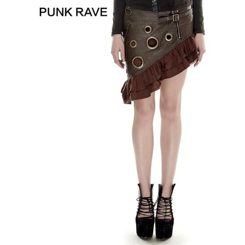 PUNK RAVE Steampunk Flounce Kilt Texture Coarse-grain PU Leather Symmetrical Skirt Rock Vintage Knee Length Party Women Clothing