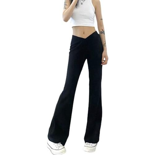 Women Solid Color Flared Pants Black V-shaped Low Waist Simple Style Trousers, S/ M/ L