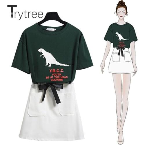 Trytree 2020 Summer Women Two Piece Set O-neck Letter Cartoon Loose Top + Skirt Mini Solid Pockets Fashion Vintage 2 Piece Set