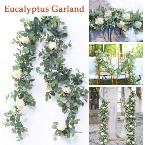 2M Wedding Decoration Artificial Green Eucalyptus Garland Leaves with Rose Flowers Backdrop Arch Wall Decor Home Dinning