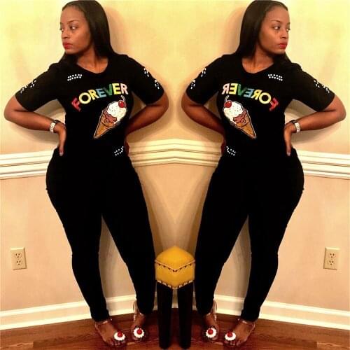 AHVIT Fashion Solid Color Embroidery Ice Cream Beading Casual Two Piece Set Short Sleeve O Neck Top And Long Pencil Pants LS6237