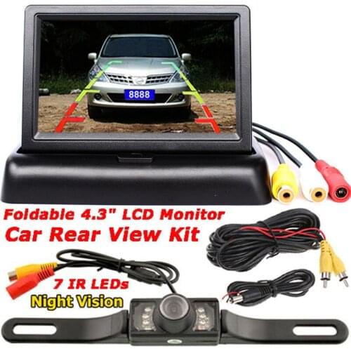 Car Rear View Camera Reversing Parking System, Foldable 4.3 inch TFT LCD Monitor Waterproof 7LEDs Night Vision Backup Camera