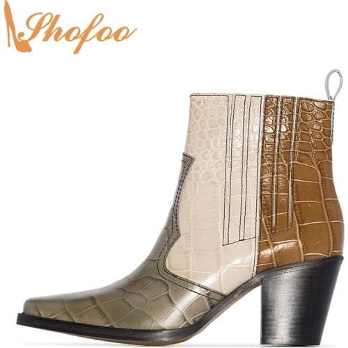 Three Color Crocodile Pattern High Chunky Heels Square Toe Ankle Boots Woman Booties Large Size 13 16 Lady Fashion Shoes Shofoo
