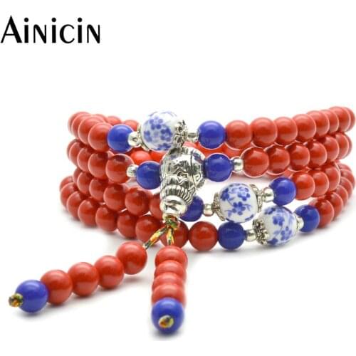 Imitated Red Cinnabar Multi-Layers Buddhism Bracelets for Women Gift Ceramic Spacer Beads Decoration Fashion Jewelry