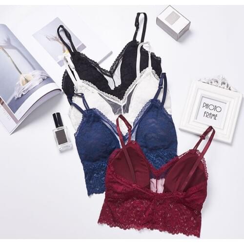 Women Bra Floral Lace Bralette Padded Bustier Girls Sexy Crop Top Black White Blue Red Bra Sexy Triangle Wireless Bra Push Up