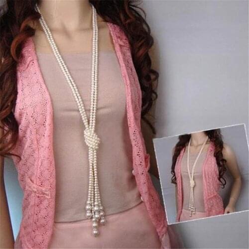 Boho Double Knot Simulated Pearl Tassel Long Necklace Long Knotted Tassel Necklace Female Fashion Sweater Chain Jewelry Women