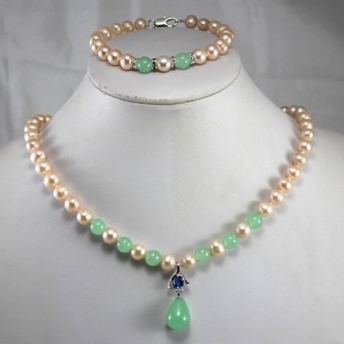 Anniversary! Wholesale Womens yellow pearl mixed green Natural Stone pendant Necklace bracelet jewelry set 255