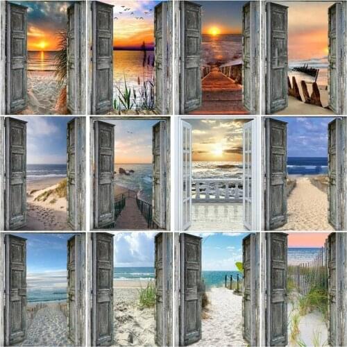 AZQSD Painting By Number Sunset Door Acrylic Unique Gift DIY Frame Coloring By Number Seaside Kits Handpaited Wall Art