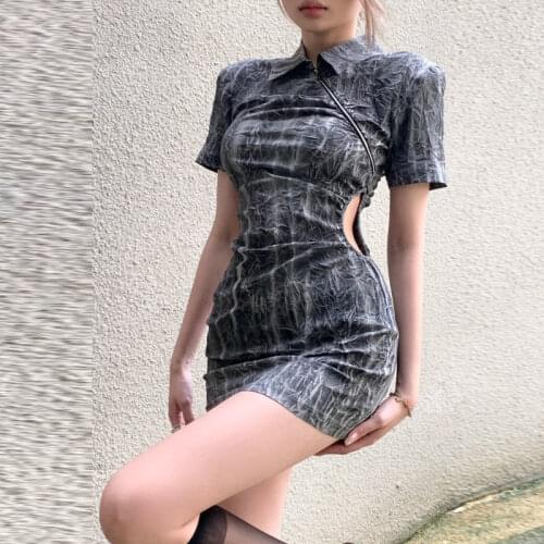 Summer Women Lapel Collar Skew Zippers Slim Harajuku Short Sleeve Dresses Gray Gothic Tie Dye Lady Hollow Out Sexy Mini Dress
