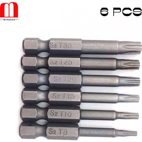 Binoax 6 pcs/set 50mm Magnetic Torx Screwdriver Bits 1/4" Hex Shank T8 T10 T15 T20 T25 T30