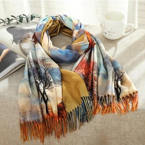 Fashion 3D Oil Painting Cashmere Scarf Women Winter Warm Van Gogh Painting Tassel Scarves Designer Luxury Long Print Wraps Shawl