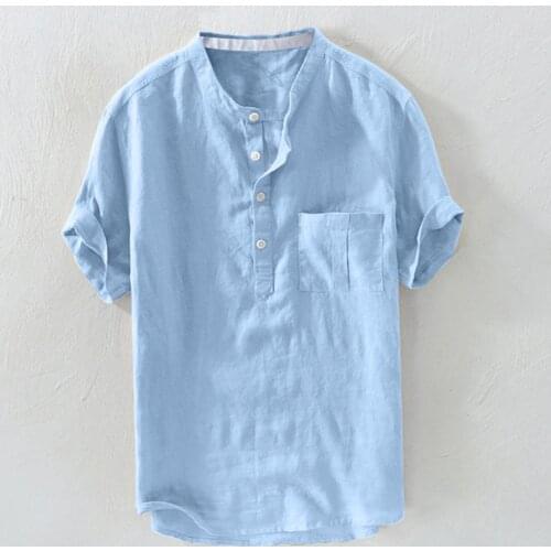 Men Retro Linen Short Sleeve Solid Color Shirt Stand Collar Shirt Streetwear Casual Summer Hawaiian Holiday Camisa Tops Hombre