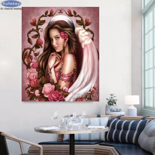 5D DIY Diamond Painting Angel Girl Picture Rhinestone Embroidery Cross Stitch Kit Mosaic Red Rose Flower Home Decoration Gift