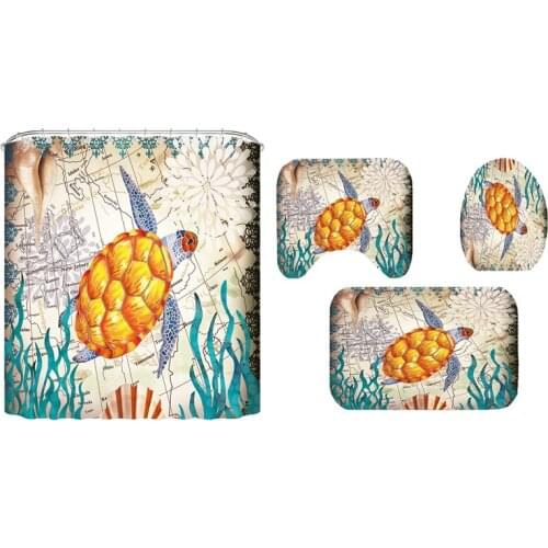 Sea Turtle Bathroom Sets with Shower Curtain and Rugs and Accessories, Ocean Nautical Shower Curtain with 12 Hooks