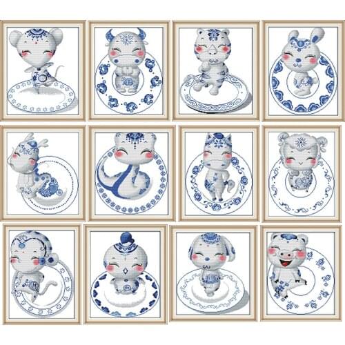 Zodiac Signs Cross Stitch Kits Dmc 11CT 14CT Cartoon Printed Pattern Sewing Needleworks Embroidery Counted Cross Sets Decoration