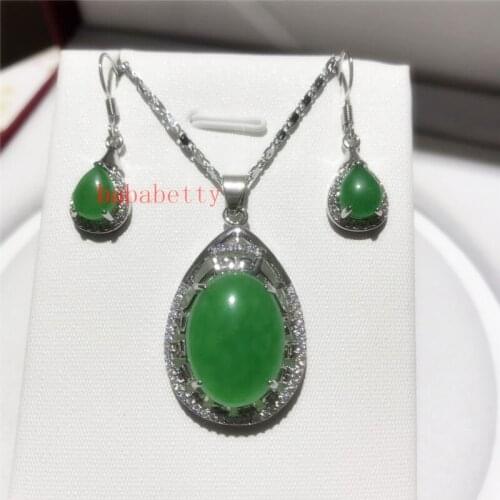 New Natural Green Jades Pendant Earrings inlay necklace Set Women