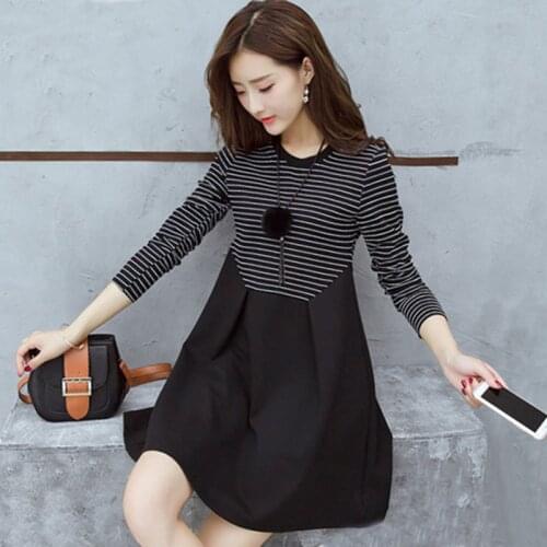 Autumn Fashion Korean Womens Midi Dress Slim Black A-line Skirt Striped Round Neck Long Sleeves Dresses Plus Size Lady Clothing