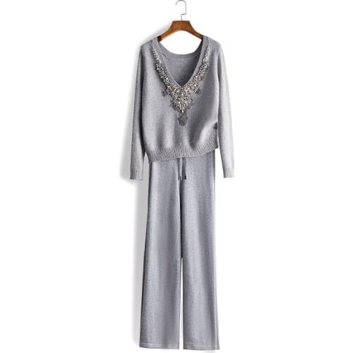 Luxury diamond beading cashmere wool suits female deep V-neck Crystals Beading mink cashmere Knit Pullover tops + pant sets F357
