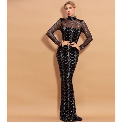 Luxury Black Burgundy Celebrity Dresses Mermaid High Neck Sequins See Though Long Wedding Guest Prom Evening Gowns Long Sleeves