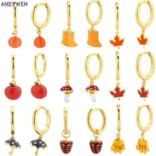 ANDYWEN 925 Sterling Silver 8.5mm Slim Apple Enmel Mushroom Pumpkin Drop Earring Piercing Pendiente Piercing Jewelry Fashion Gif