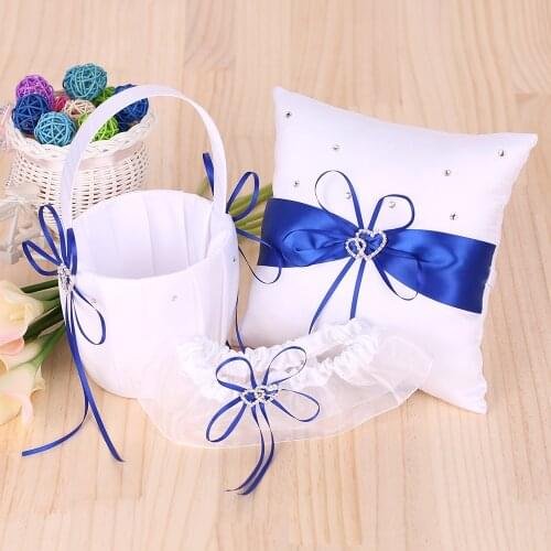 5pcs/set Wedding Supplies Double Heart Satin Flower Girl Basket Ring Bearer Pillow Guest Book Pen Holder Bride Garter Set Blue