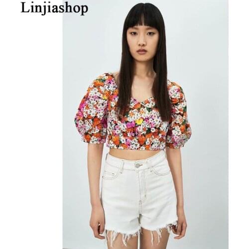 Spring summer women tops floral print fashion cropped tank top elastic vintage female shirts chic tops