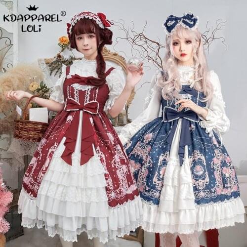 Vintage Sleeveless Lolita JSK Dresses Floral Printed Sweet Girls Students Bows Lace Elegant Exquisite Birthday Party Women New