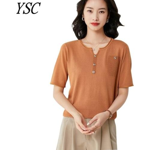 YSC 2021 New pattern Women Ice silk material Sweater Button decoration Half sleeve Fine yarn soft High-quality pullover