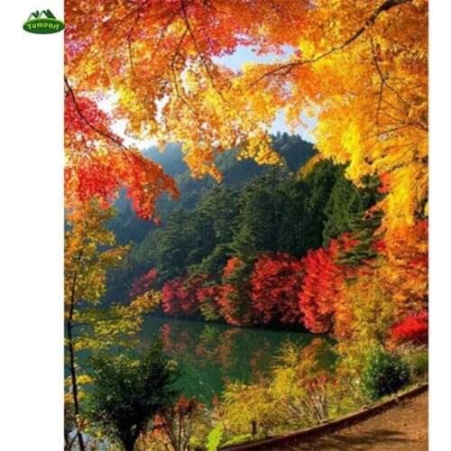 YUMEART Diy Diamond Painting Cross Stitch Autumn Landscape Crystal Diamond Sets Decorative Diamond Embroidery Lake Tree Forest