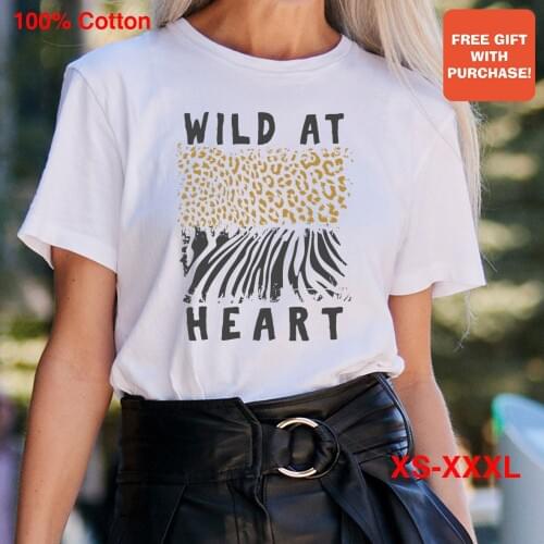 BLINGPAW Wild At Heart Leopard 90s Fashion letters printed Tshirt for Women Print White Basic Tops & Tees Tee Shirts