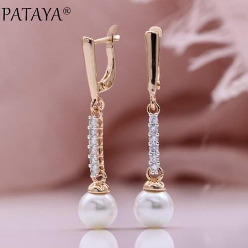 PATAYA New Round White Shell Pearl Long Drop Earring 585 Rose Gold Romantic Vintage Fashion Jewelry Natural Zircon Women Earring