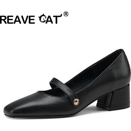 REAVE CAT New 2021 Women Pumps Square Toe 4.3cm Block Heels Genuine Leather Buckle Classic Comfy Breathable Big Size 43 A3778