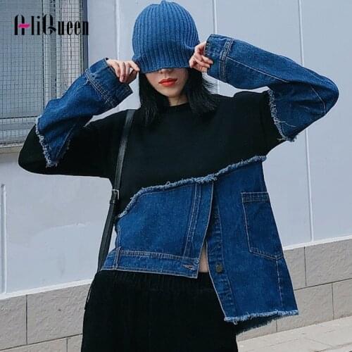 2020 Autumn Winter Women Patchwork Denim Asymmtrical Sweatshirt Female O Neck Long Sleeve Hit Color Hoodies Loose Streetwear Top