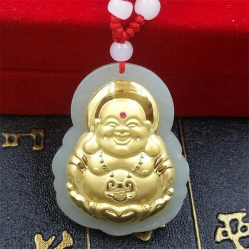 1PCS New Fine 24K Yellow Gold with Natural Nephrite Jade Pendant Luck Bless Ruyi Buddha Pendant 42x30mm For Women