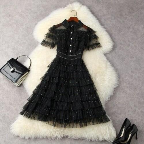 Black Dress Woman Summer 2021 NEW Turn Down Collar Short Sleeved Shinny Ruffles Slim A-Line Layers Cake Mesh Dresses Knee Length
