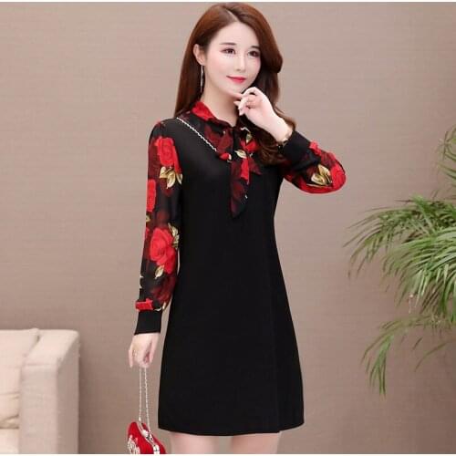 2021 New Arrival Spring High Street Style Bow Tie Patchwork Women Chiffon Dress