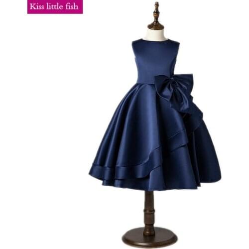 2019 Free shipping Custom made Navy blue Flower girl dresses Girls weeding party dress