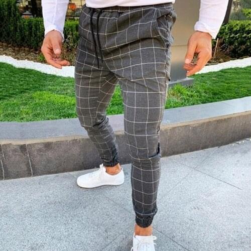 2020 Sexy High Wasit Pants Spring Summer Casual Fashion Pocket Mens Slim Fit Plaid Straight Leg Trousers Casual Pencil Jogger